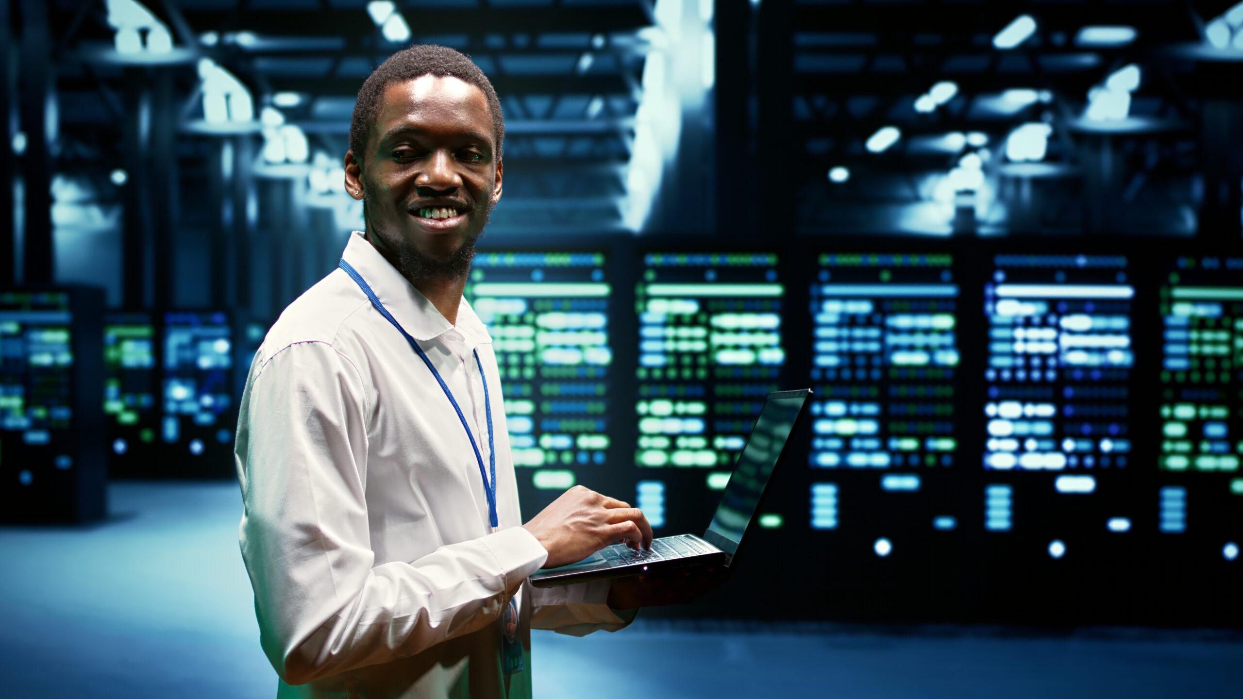 african american engineer inspecting interlinked computers creating server network high tech facility using parallel computing perform complex calculations process large amounts data scaled